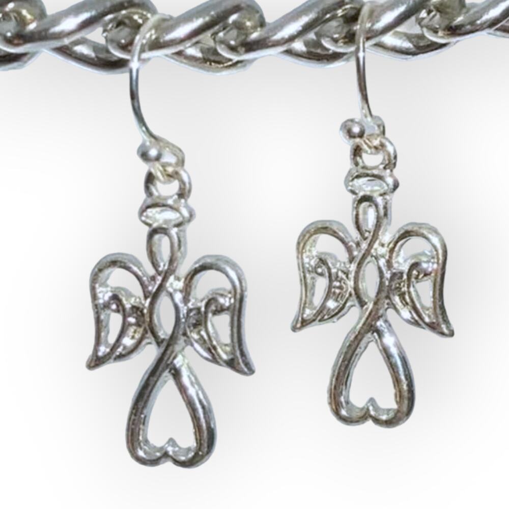 Christmas Guardian Angel bright silver-tone fish hook earrings